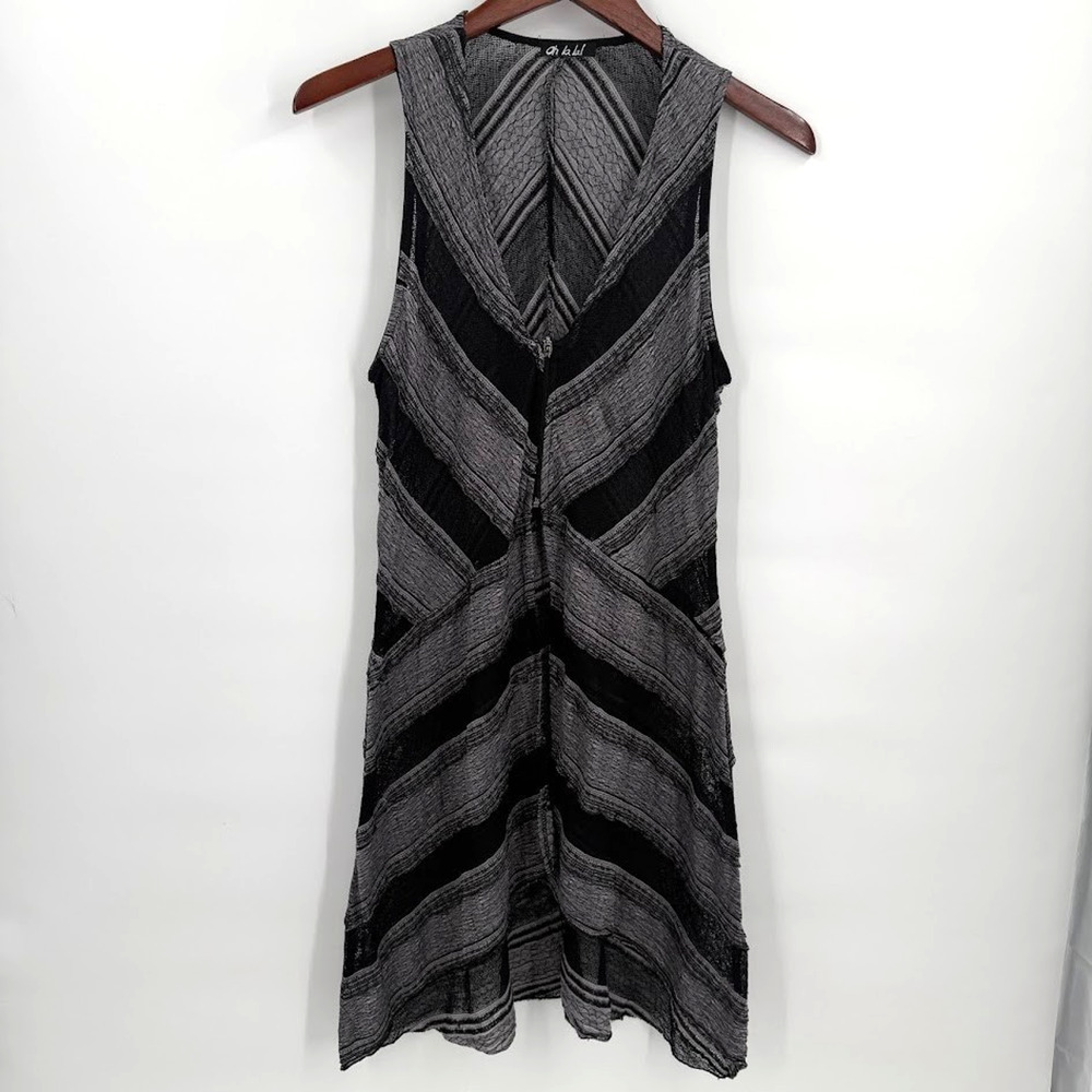 Oh La La Black Gray Chevron Mesh Knit Long Duster Vest Cardigan Women’s